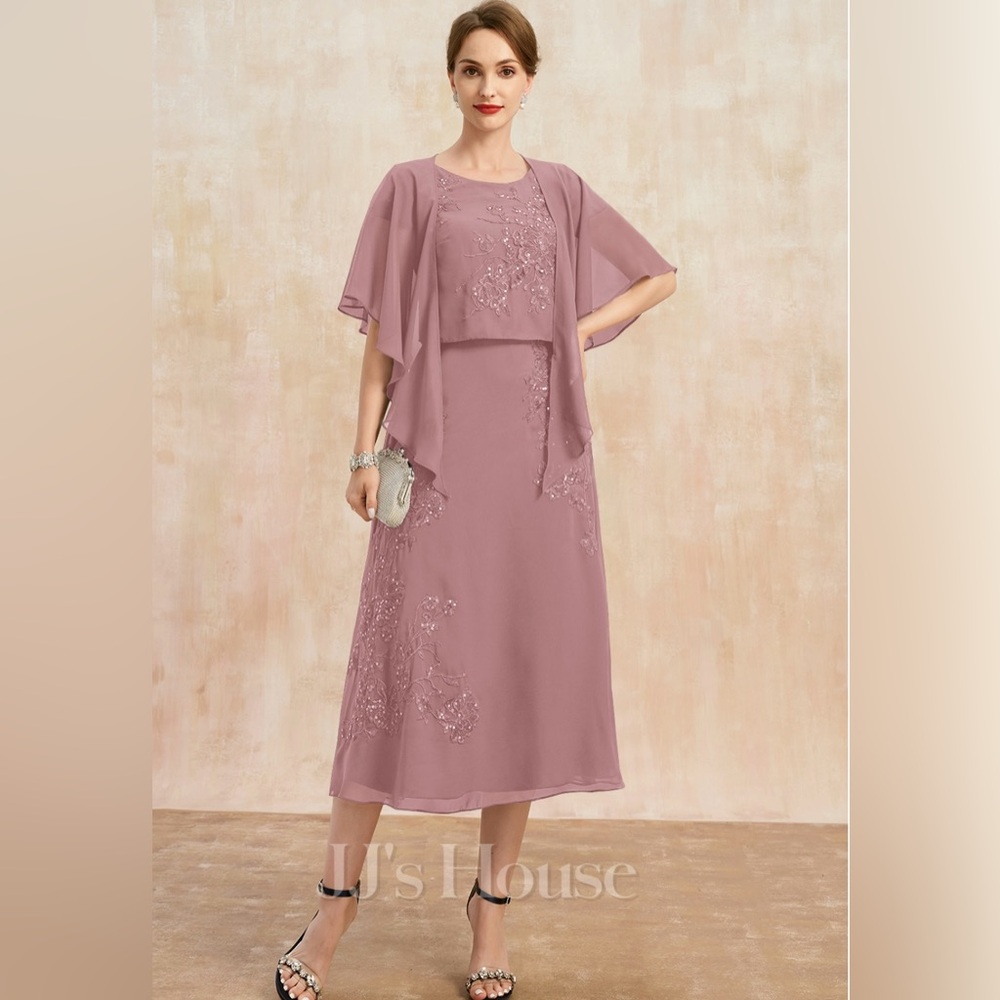 NWT A-line Tea-Length Lace Chiffon Dress With Wrap — 16W